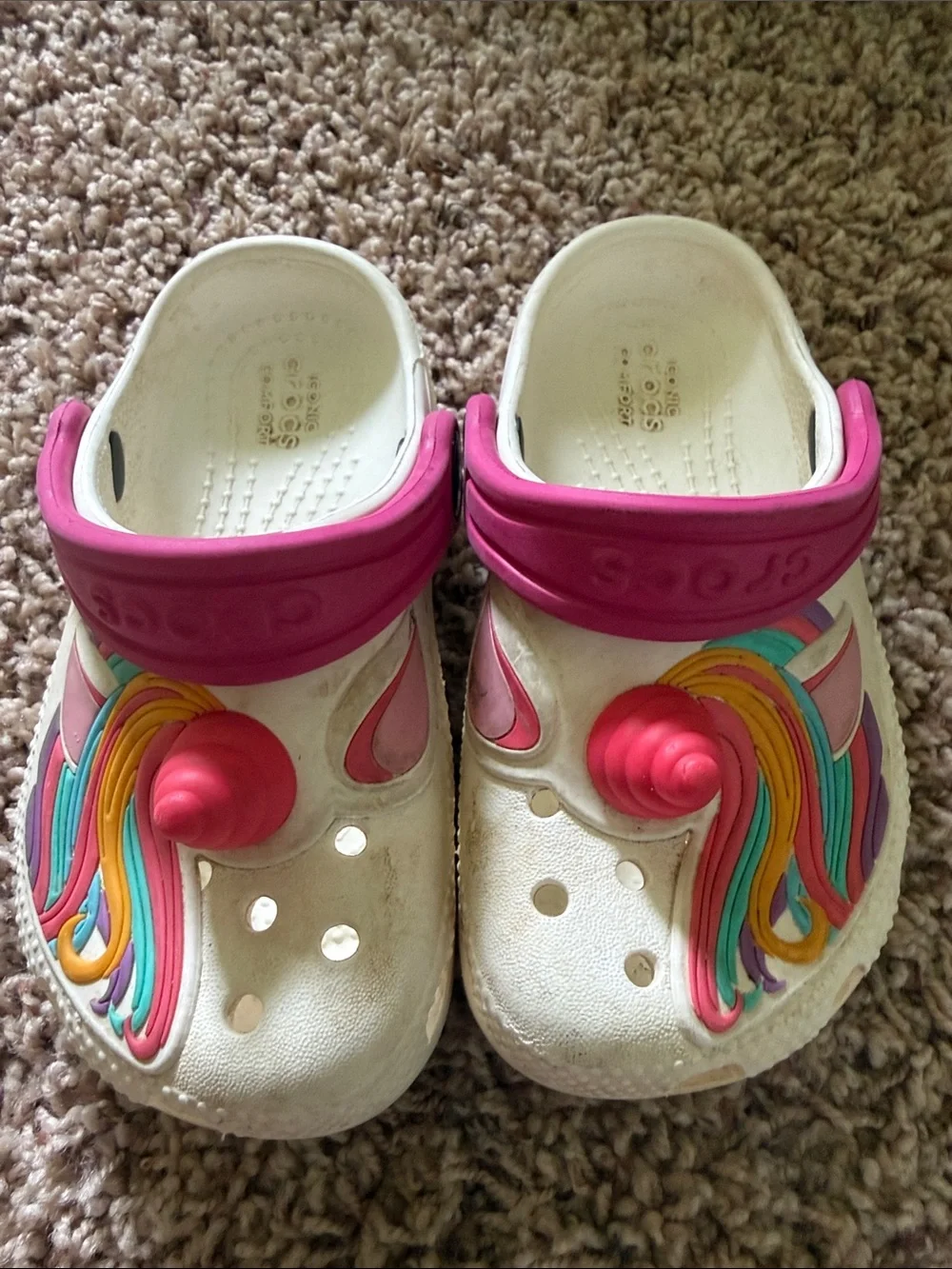 CROCS Kids White Clog with Pink Strap & Rainbow Unicorn Accent